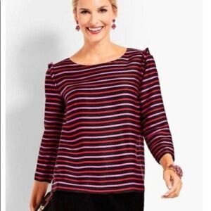 Talbots Sz 8 Rsvp Pink Red Stripe Top Ruffle Shoulder Silky Satin 3/4 Sleeve